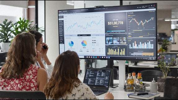Team di marketing di moda che analizza dati dei concorrenti su schermi digitali
